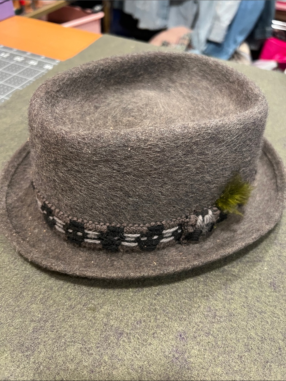 Ella Brown Wool Felt Pork Pie Hat with Black-White Band and Olive Feather